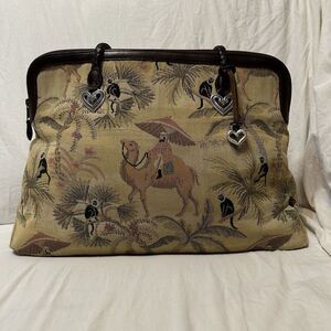 Brighton Vintage Tote Carry  Bag Tapestry Elephants Monkeys Leather Straps